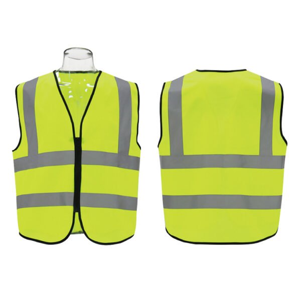Reflective vest with zipper wearing method and dual reflective strips on shoulders and waist