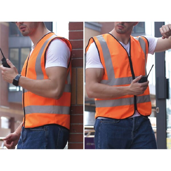Reflective vest with zipper wearing method and dual reflective strips on shoulders and waist - Image 2