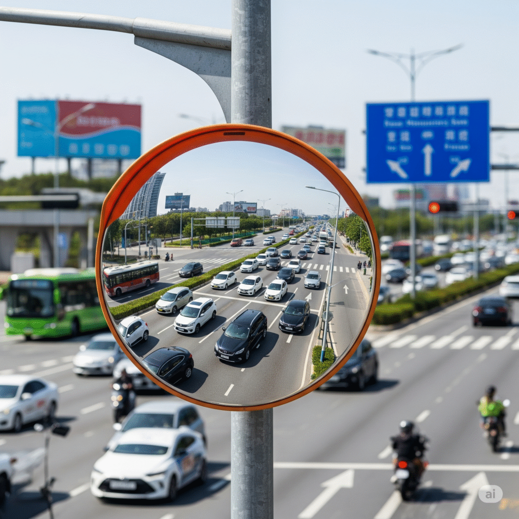 Convex mirror deployed in a traffic area