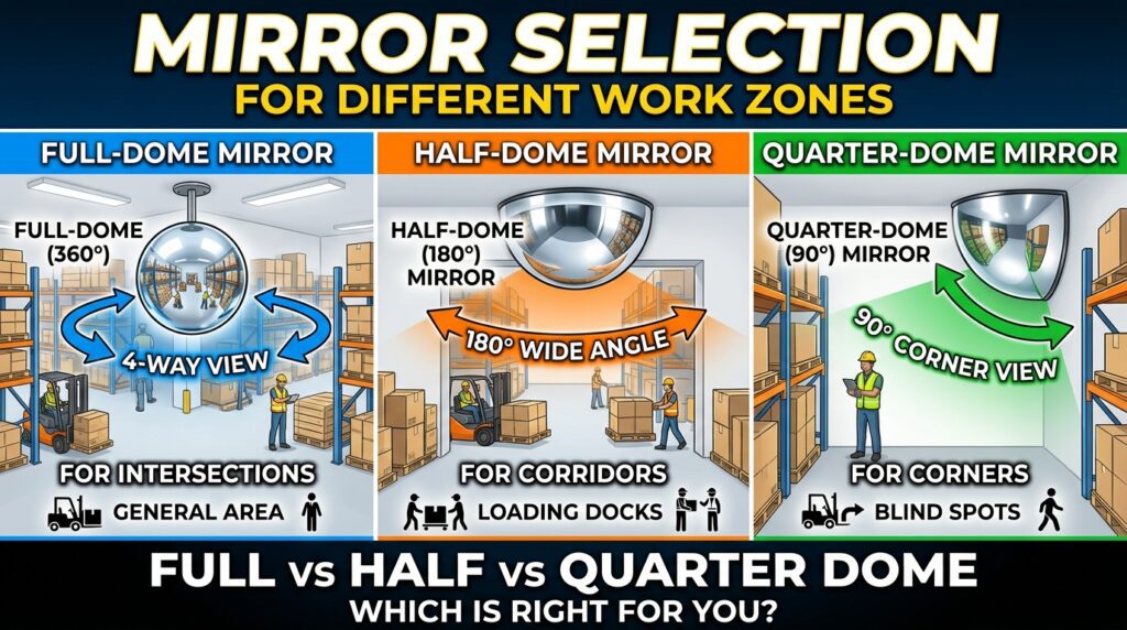 Full-Dome vs. Half-Dome vs. Quarter-Dome Mirror Selection for Different Work Zones