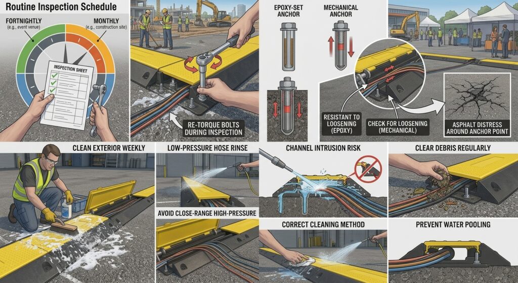 Post-Installation Maintenance of Rubber Cable Protector Ramps on Asphalt