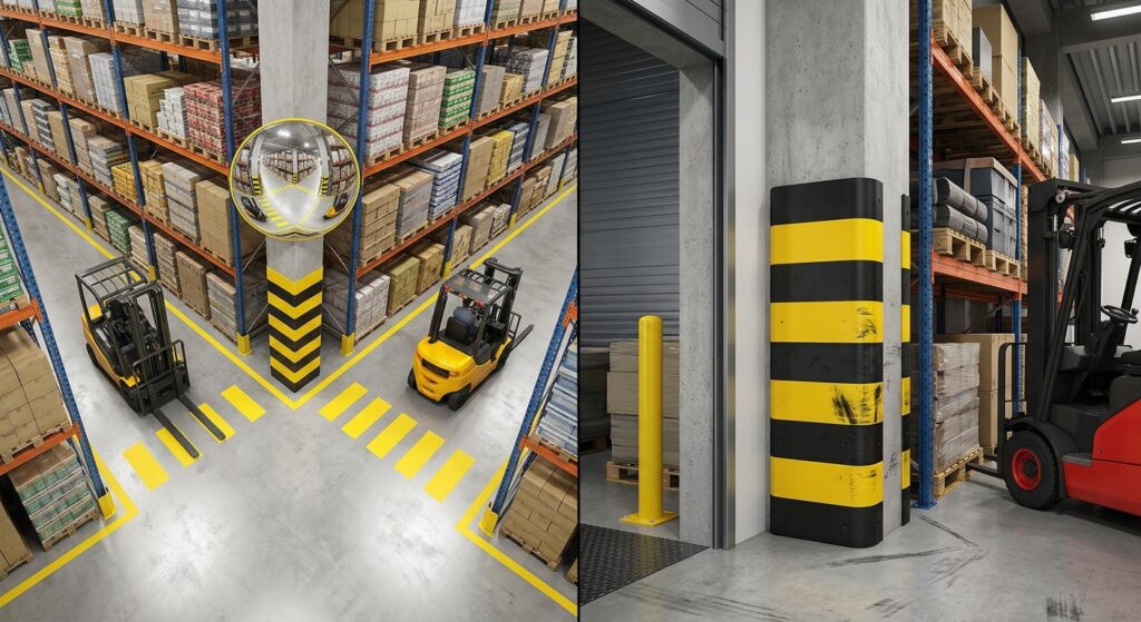 convex mirror and a wall rubber guard locations in the warehouse