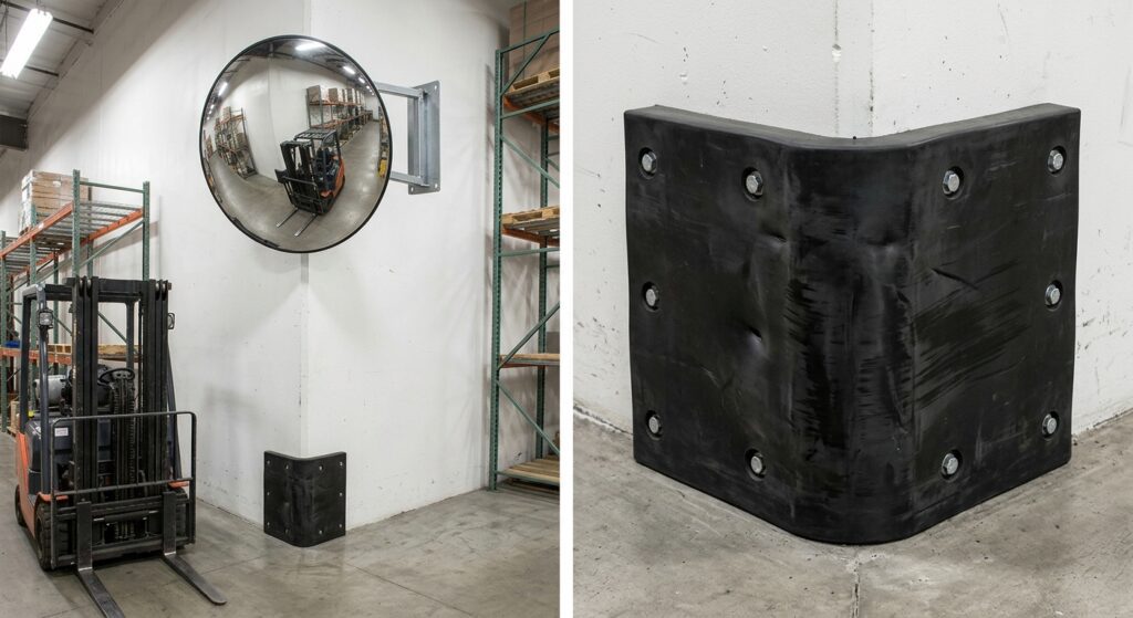 convex mirror vs rubber wall guard in warehouse