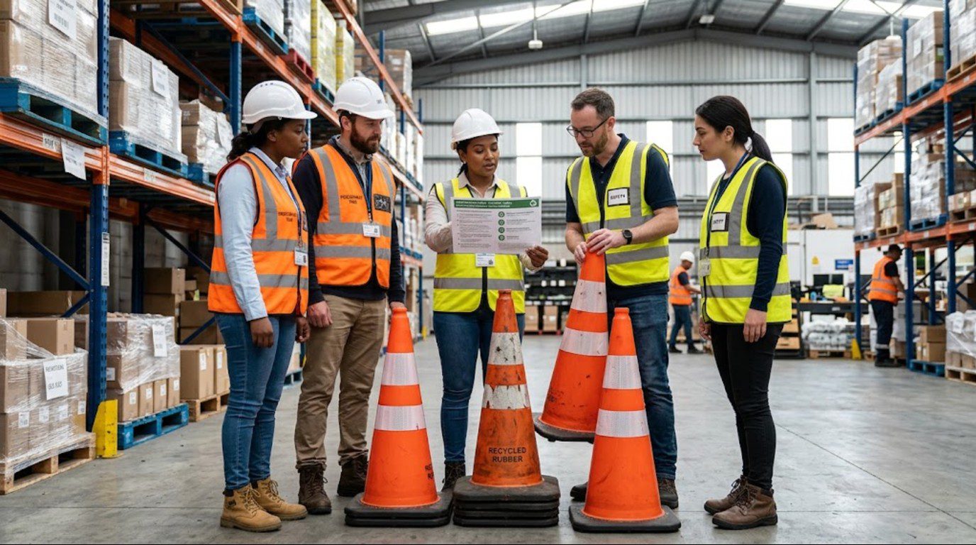 Procurement team comparing recycled rubber traffic cones against an ESG specification sheet in a distribution warehouse