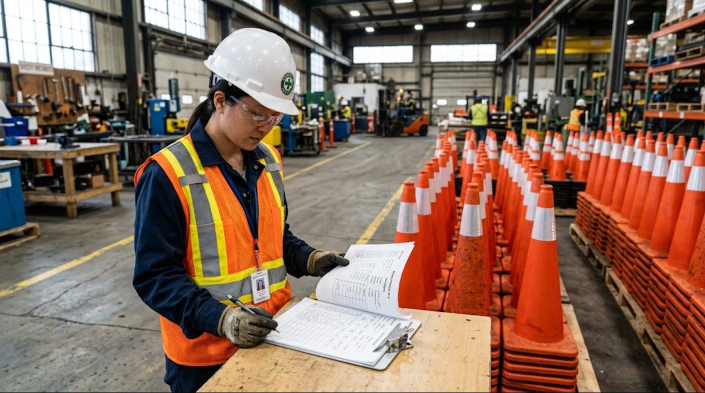 Quality inspector reviewing batch records and test reports for recycled rubber traffic cones