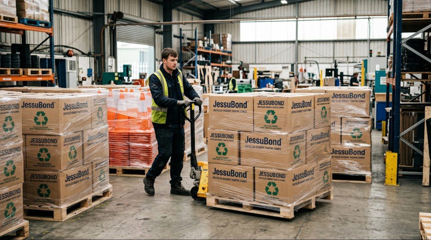 Pallets of branded recycled rubber traffic cones packed for wholesale export with OEM labels