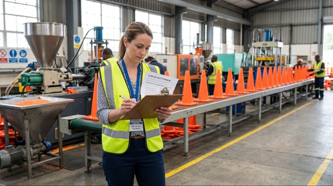 Buyer reviewing a supplier questionnaire for recycled rubber traffic cones during a factory audit