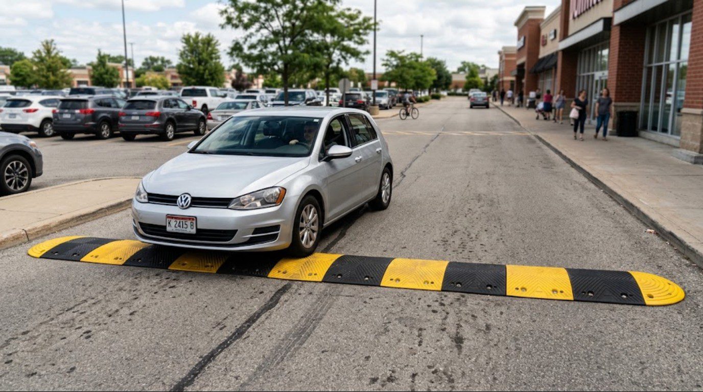 Black and yellow rubber speed bump with matching end caps installed at the entrance of a commercial parking lot
