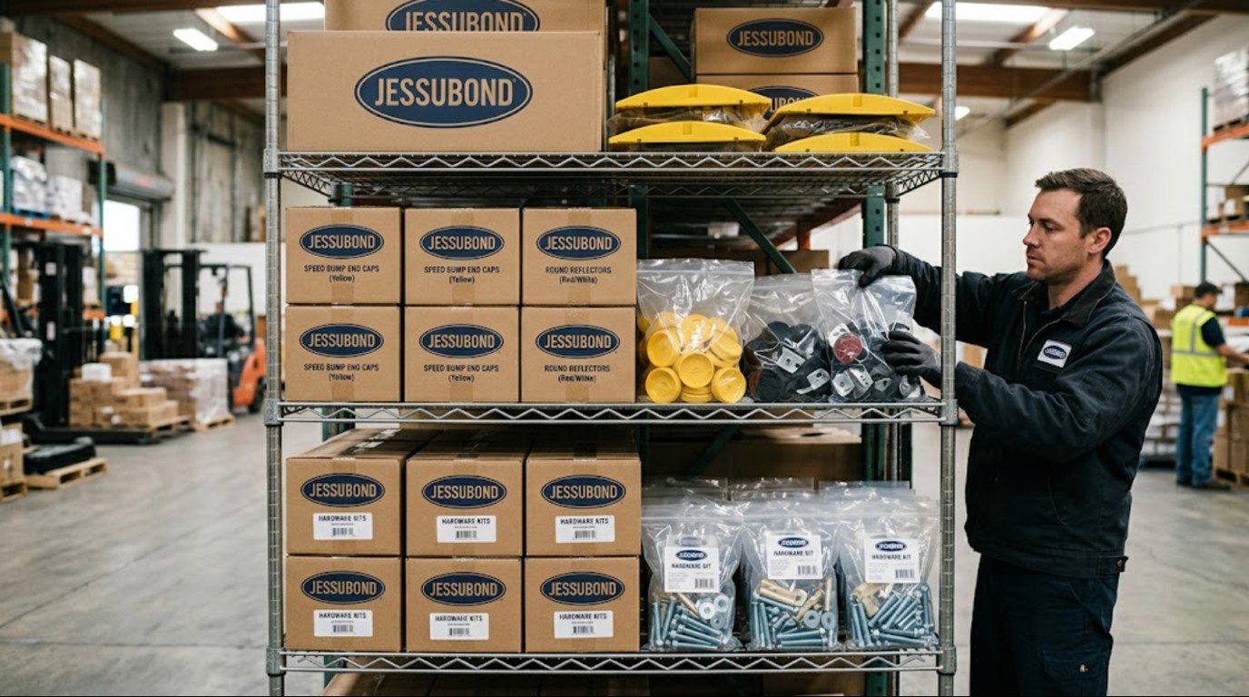 Assortment of speed bump end caps, reflectors and hardware kits displayed on a distributor warehouse shelf