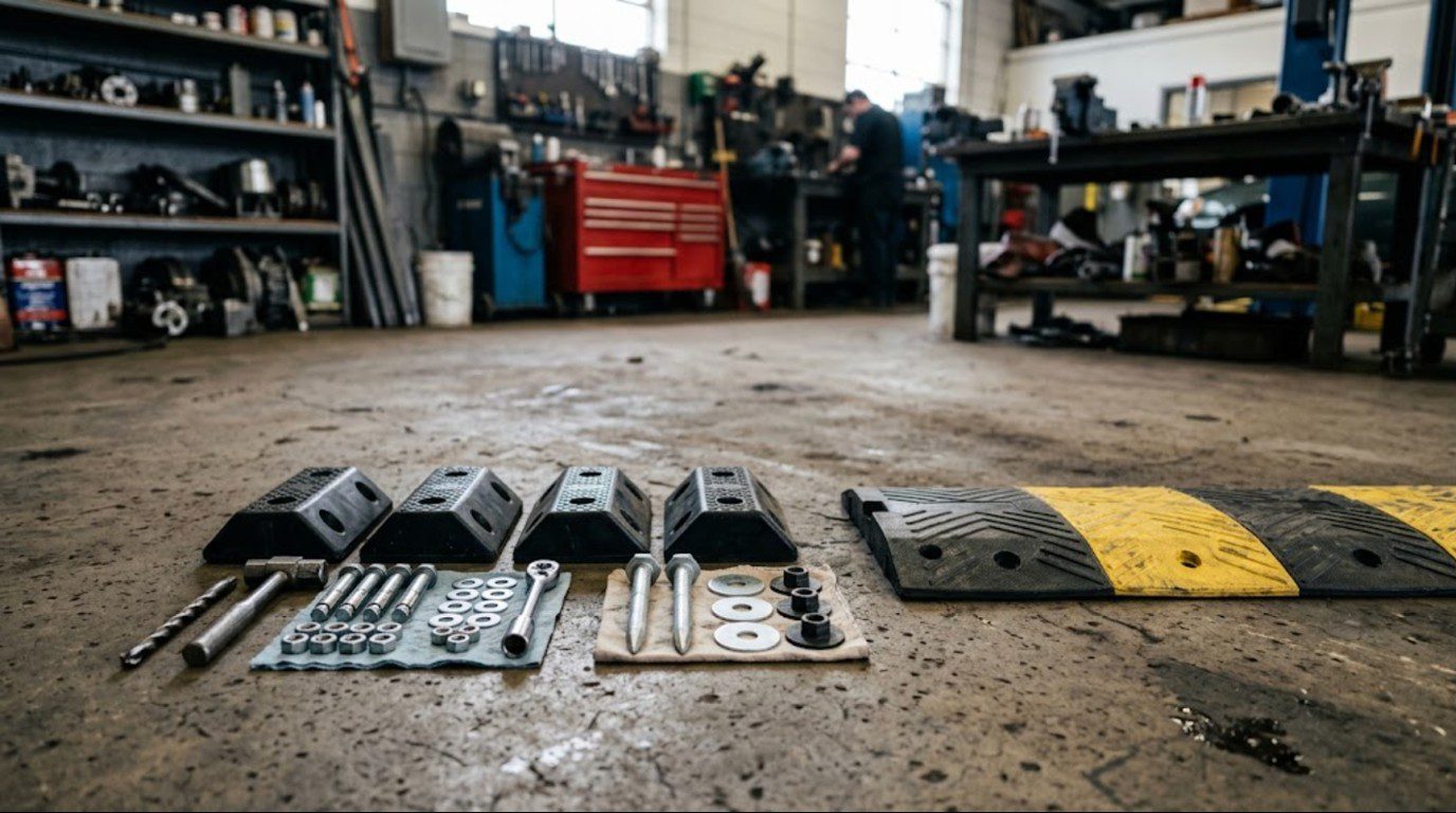 Speed bump end caps and anchor kits for concrete and asphalt laid out beside a rubber speed bump section
