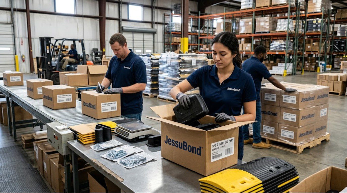 Warehouse team packing speed bump end caps and hardware kits into labeled cartons for distributor orders