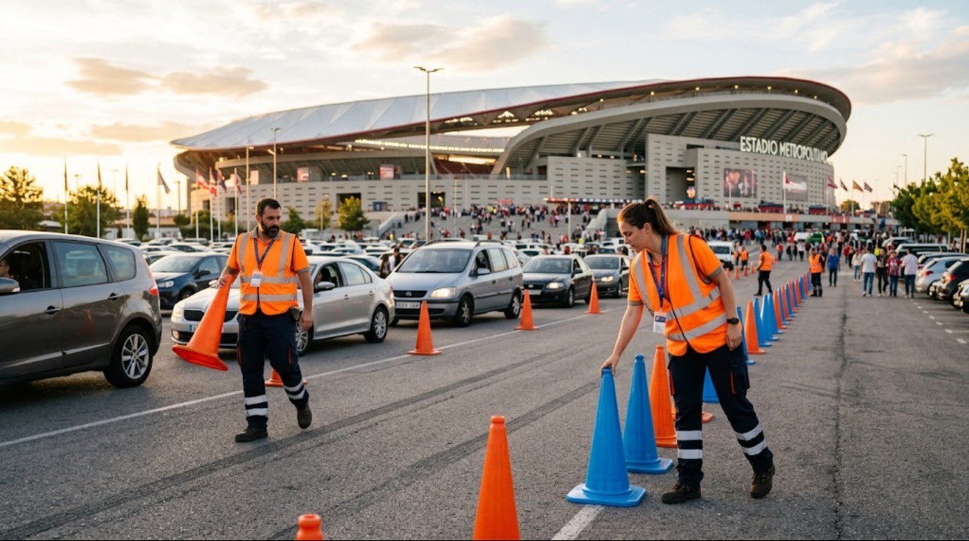 Event staff placing orange and blue event traffic cones wholesale stock to guide vehicles into a stadium parking area