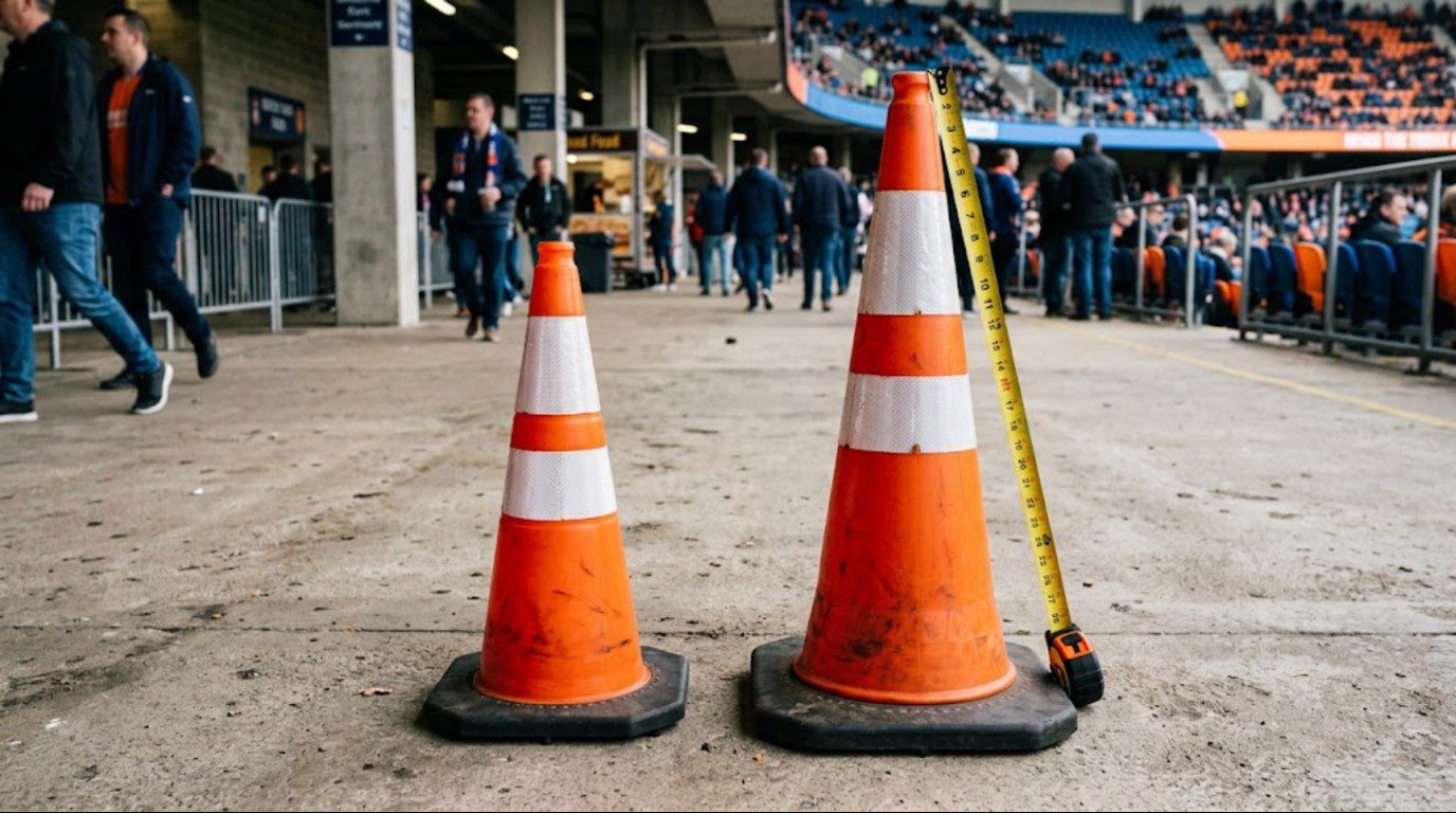 Comparison of 18-inch and 28-inch PVC event traffic cones wholesale samples with weighted bases on a stadium concourse