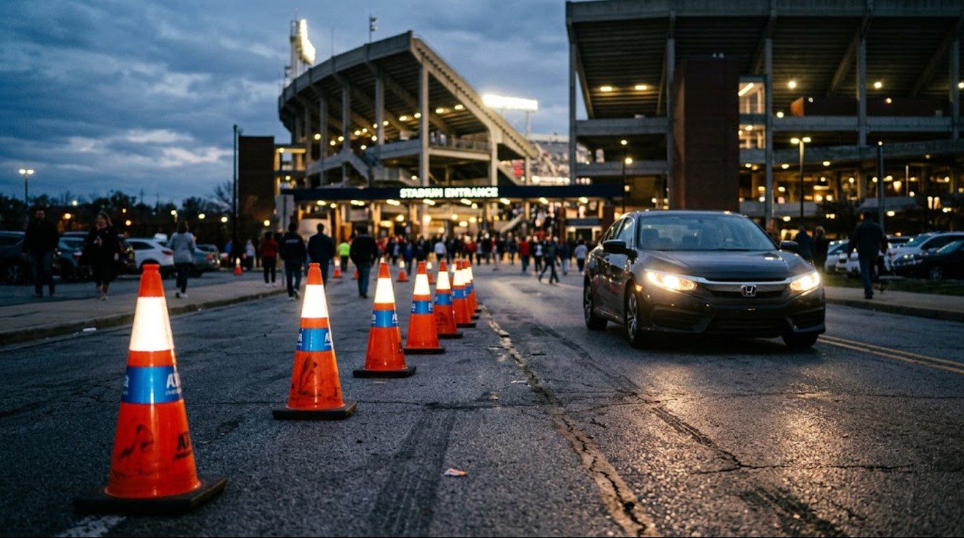 Branded event traffic cones with reflective collars lit by vehicle headlights near a stadium entrance
