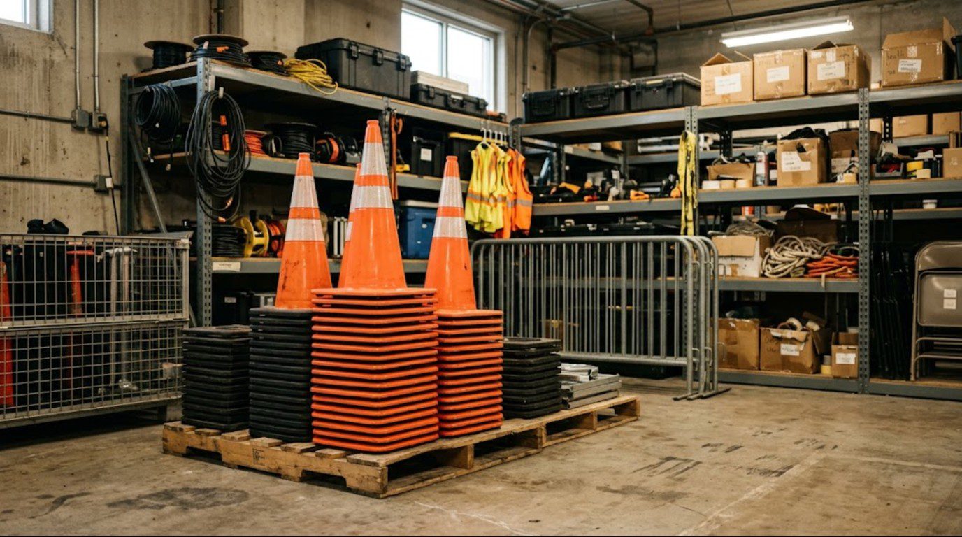 Stacked branded traffic cones stored on a pallet in a stadium equipment room ready for event deployment
