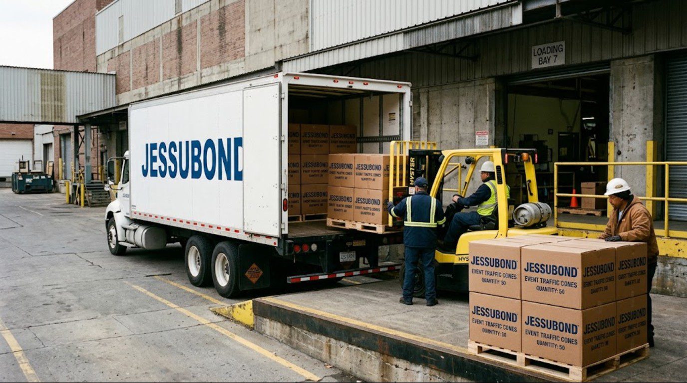 Pallets of printed event traffic cones wholesale shipment packed with branded cartons for export
