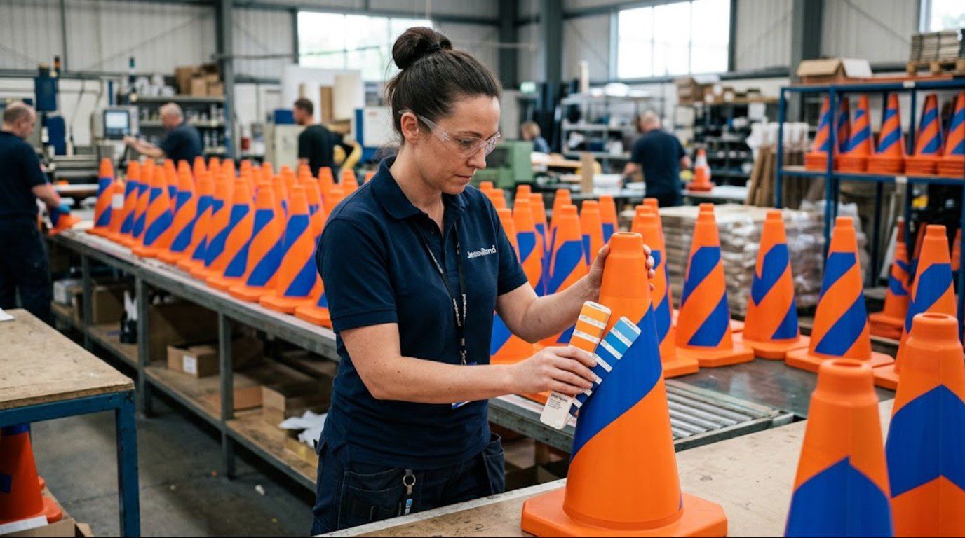Quality control inspector checking branded event traffic cones for print quality and color consistency
