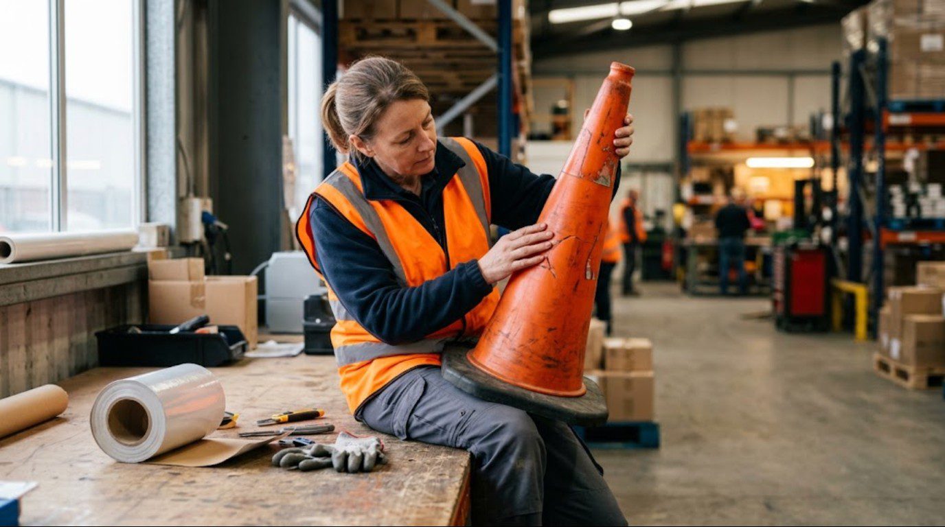 Warehouse inspector checking an orange traffic cone body before fitting a traffic cone reflective sleeve