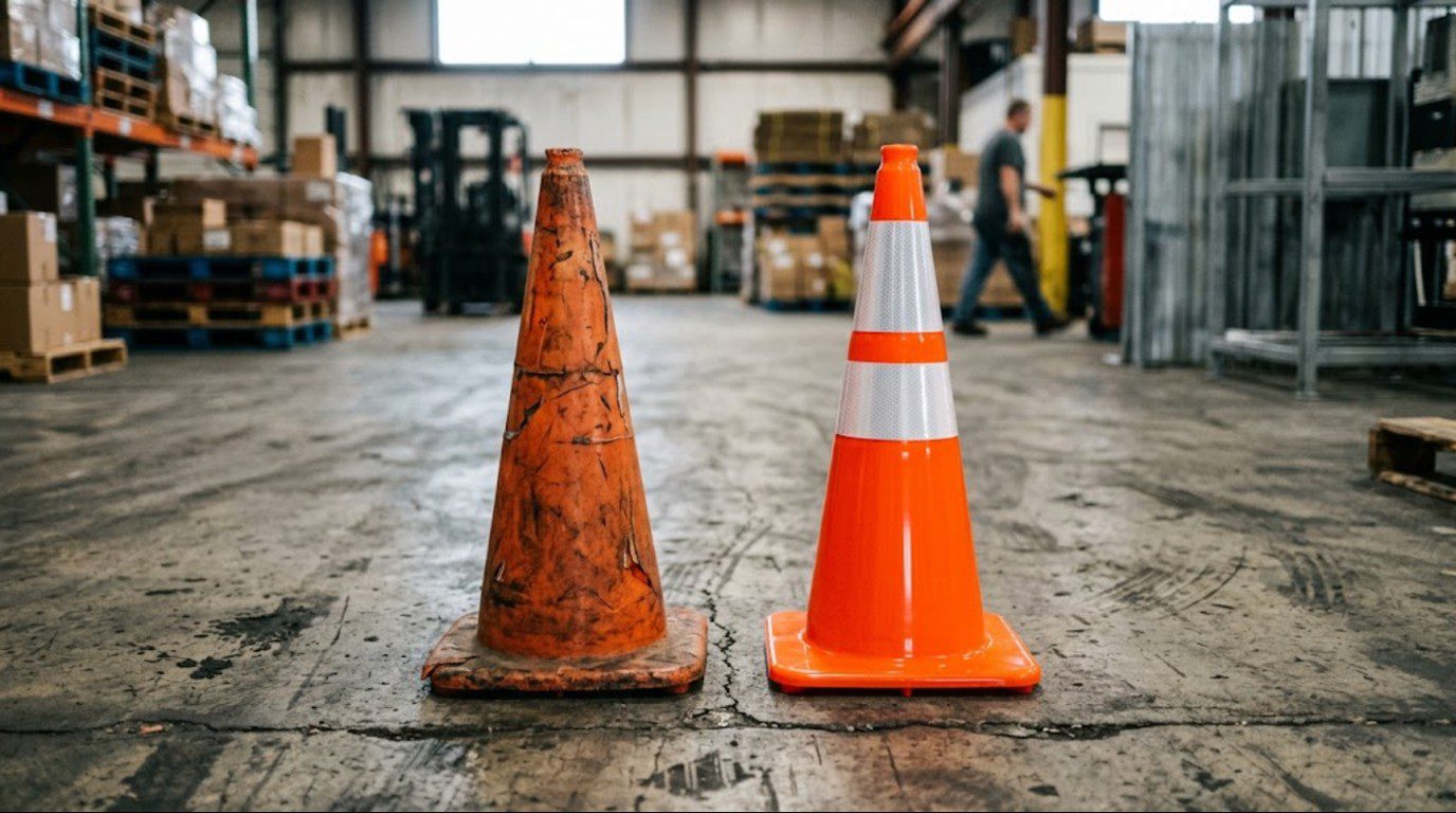 Faded and cracked traffic cone beside a new cone showing why a traffic cone reflective sleeve cannot fix body damage