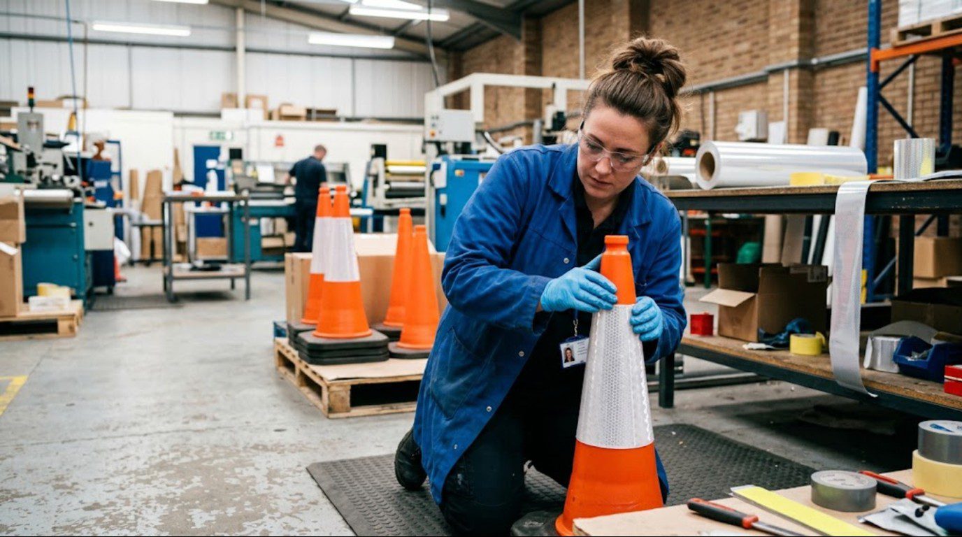 Technician testing a traffic cone reflective sleeve for fit, adhesion and abrasion resistance on an orange cone