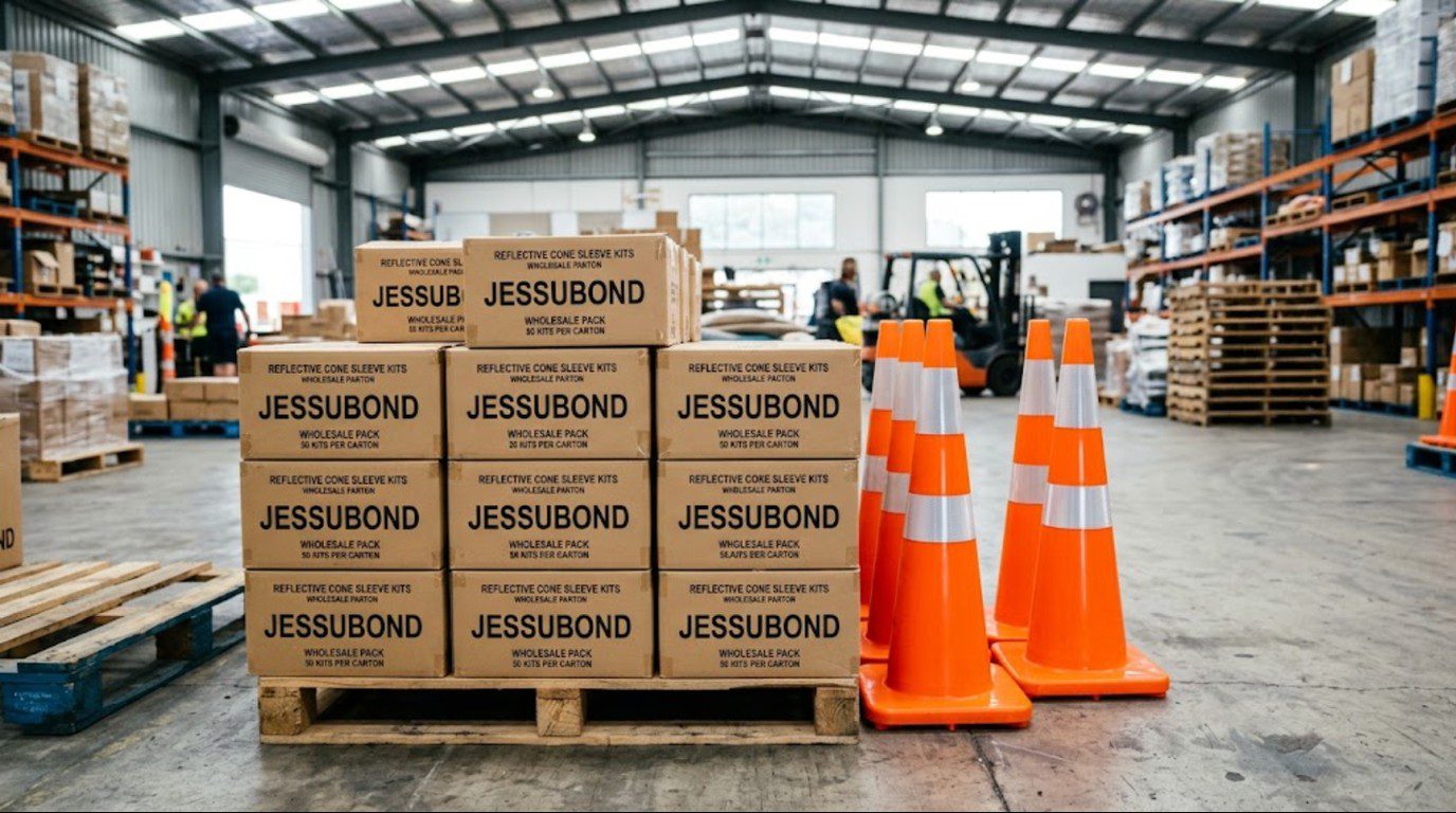 Cartons of wholesale traffic cone reflective sleeve kits stacked on a pallet beside new orange traffic cones