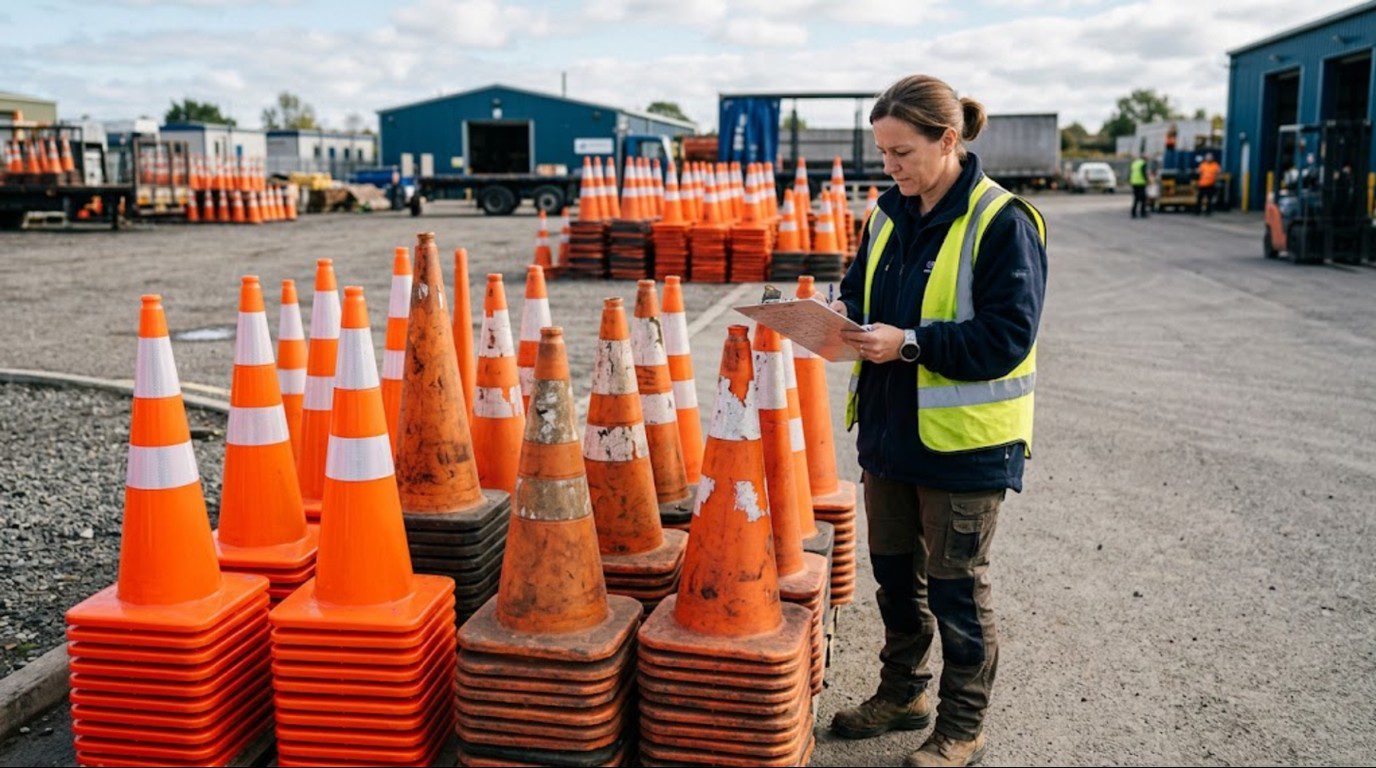 Fleet manager reviewing a cone inventory audit before deciding on a traffic cone reflective sleeve retrofit