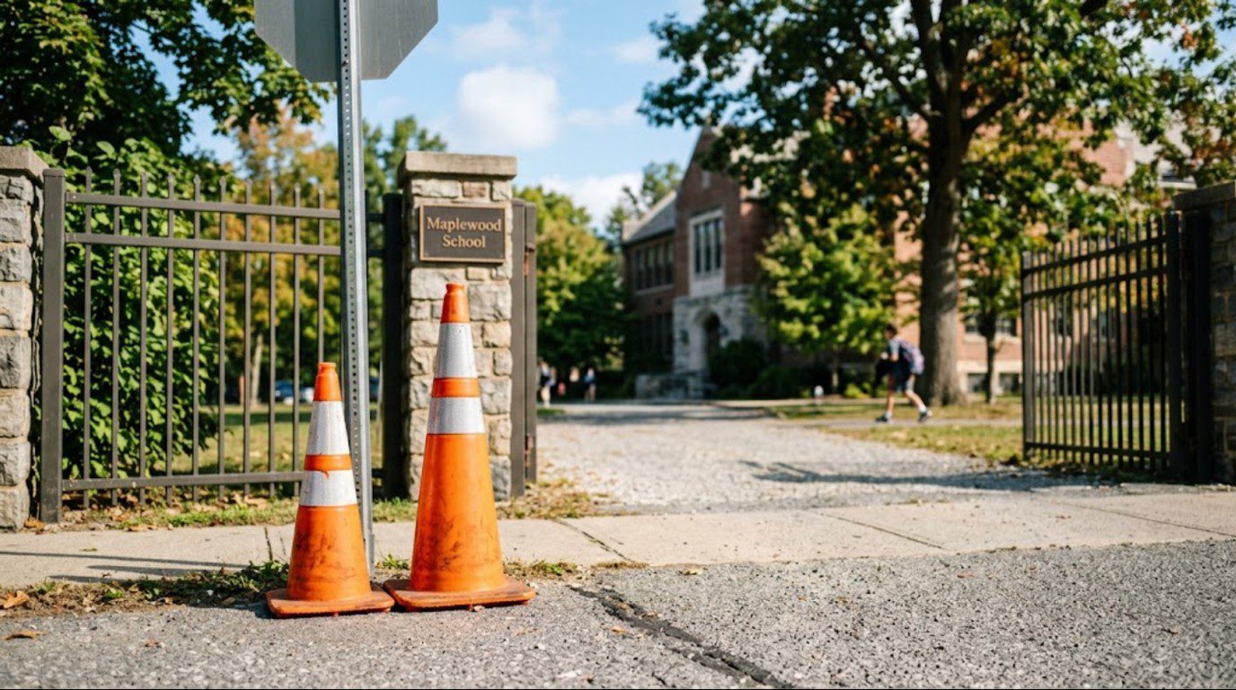 Comparison of 18-inch and 28-inch school traffic cones with reflective collars beside a campus entrance