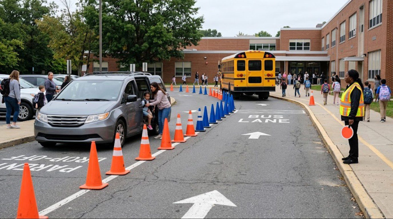 School traffic cones in zone colors with printed school logos marking bus and parent lanes