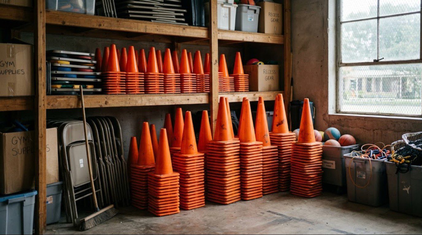 Durable PVC school traffic cones stacked in a campus storage room ready for the next school year