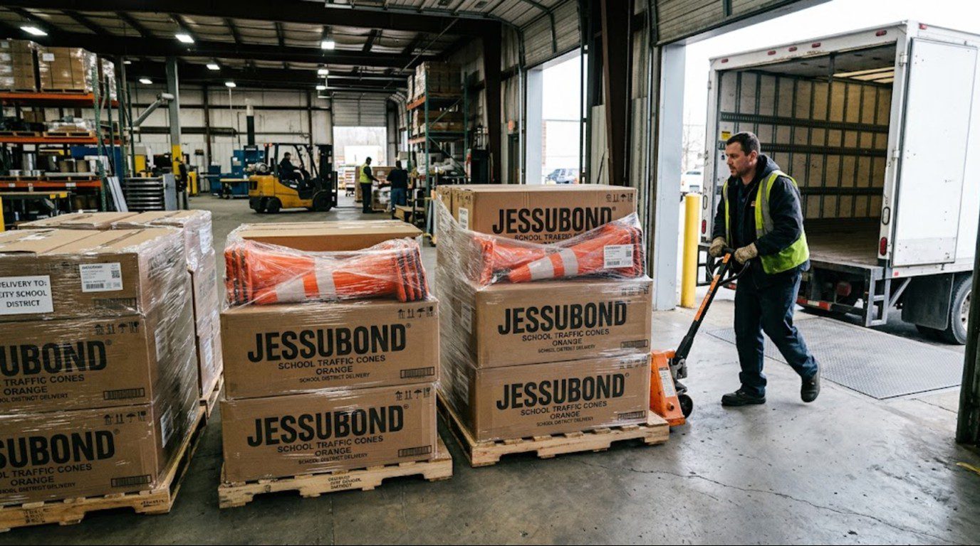 Pallets of custom printed school traffic cones wholesale order packed for delivery to a school district