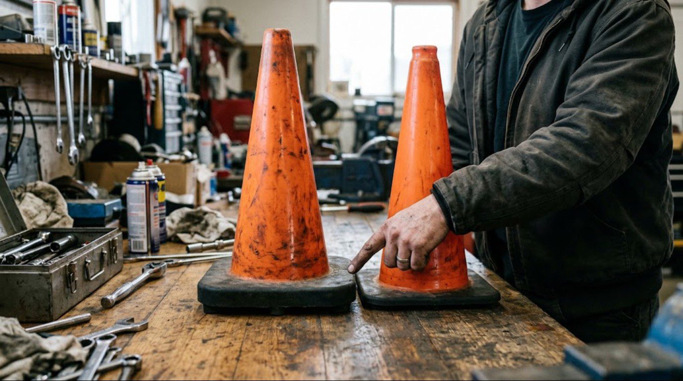 Two 28-inch orange PVC traffic cones side by side showing how base weight changes the traffic cone wholesale price
