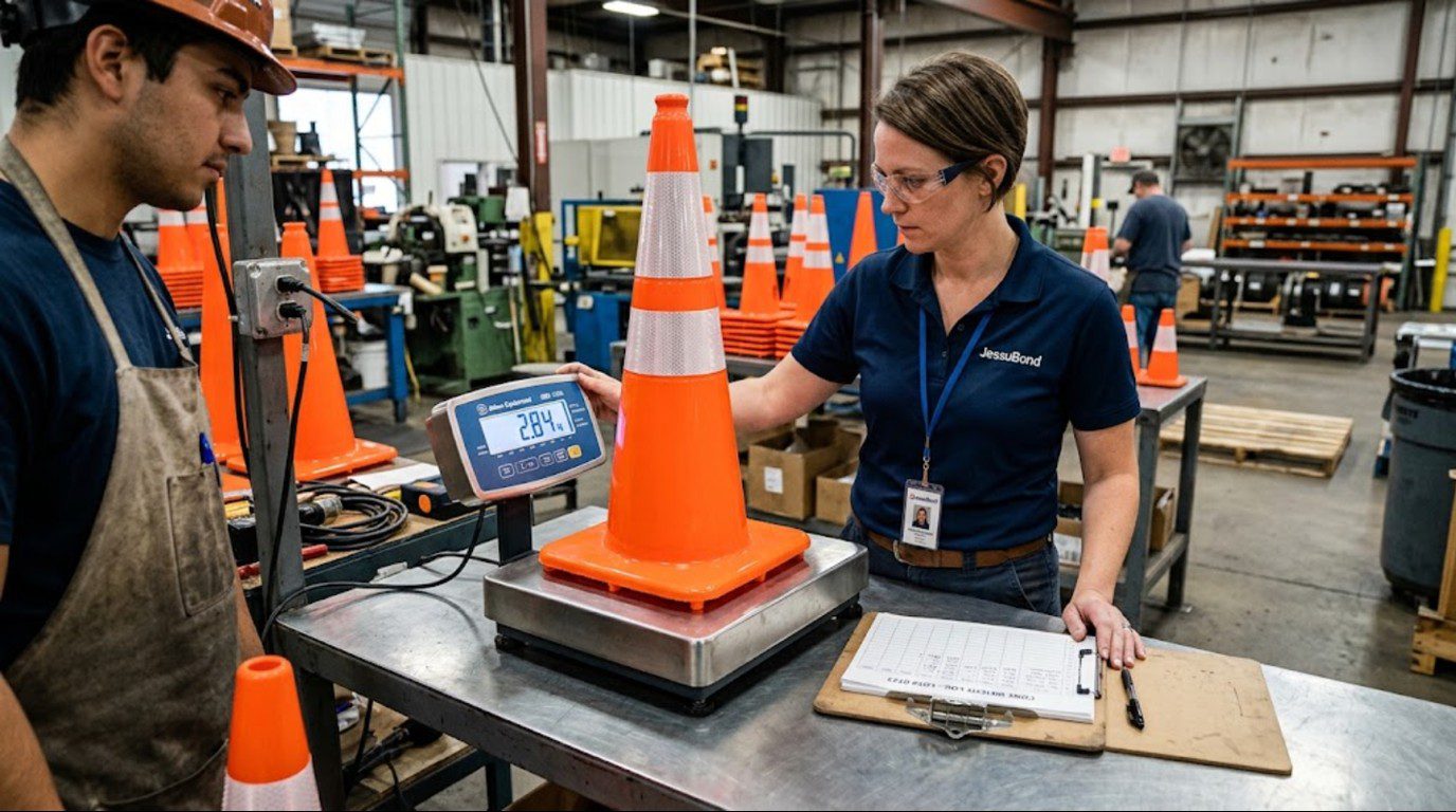 Quality inspector weighing a 28-inch traffic cone on a digital scale to verify base weight before bulk shipment