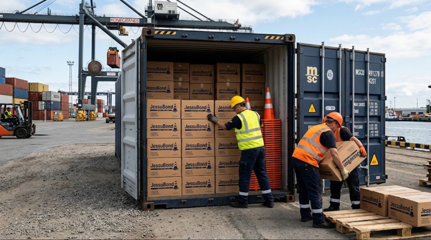 Container loaded with nested traffic cones illustrating how packing density affects traffic cone wholesale price