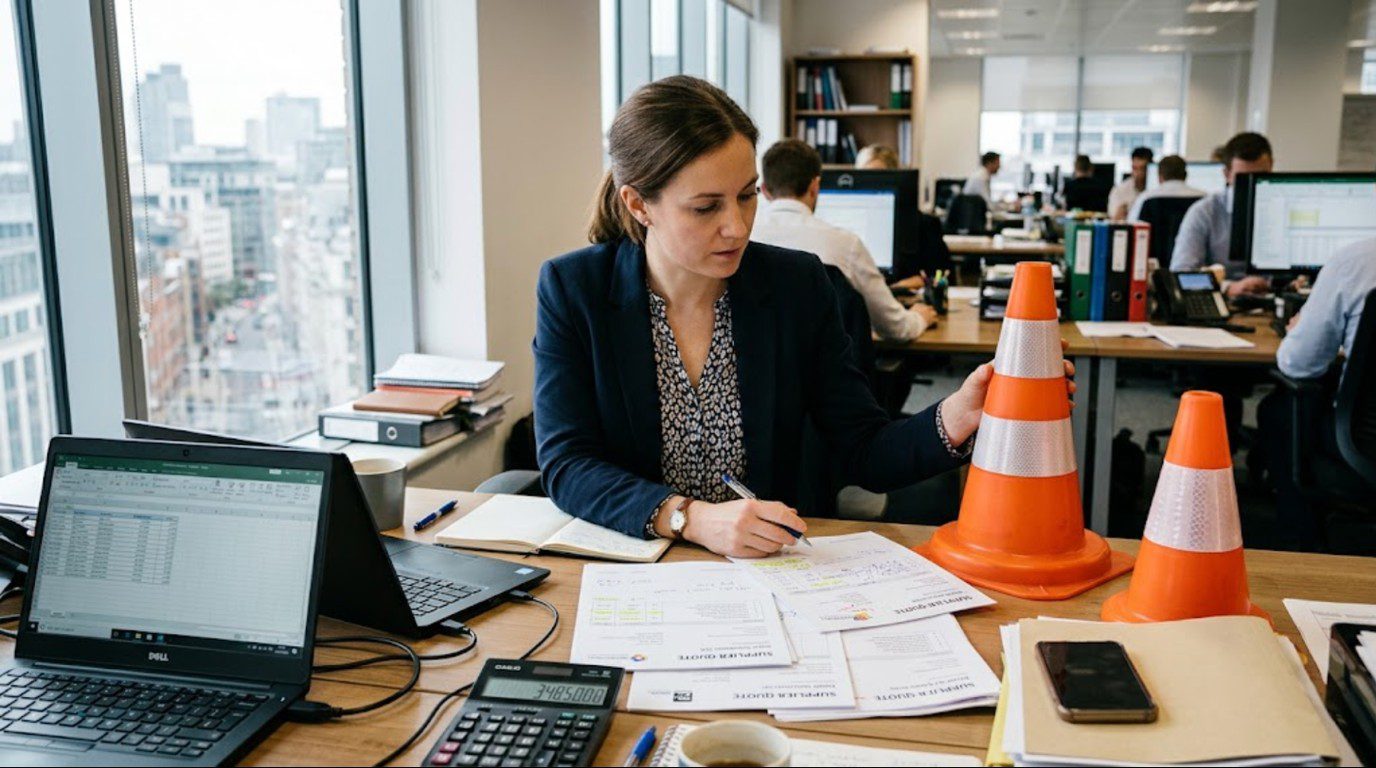 Procurement manager comparing supplier quotes and sample cones on a desk before negotiating a bulk order