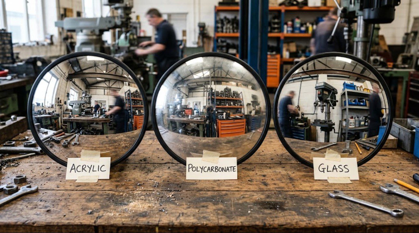 Three convex mirrors made of acrylic, polycarbonate and glass displayed side by side for an acrylic vs polycarbonate convex mirror comparison