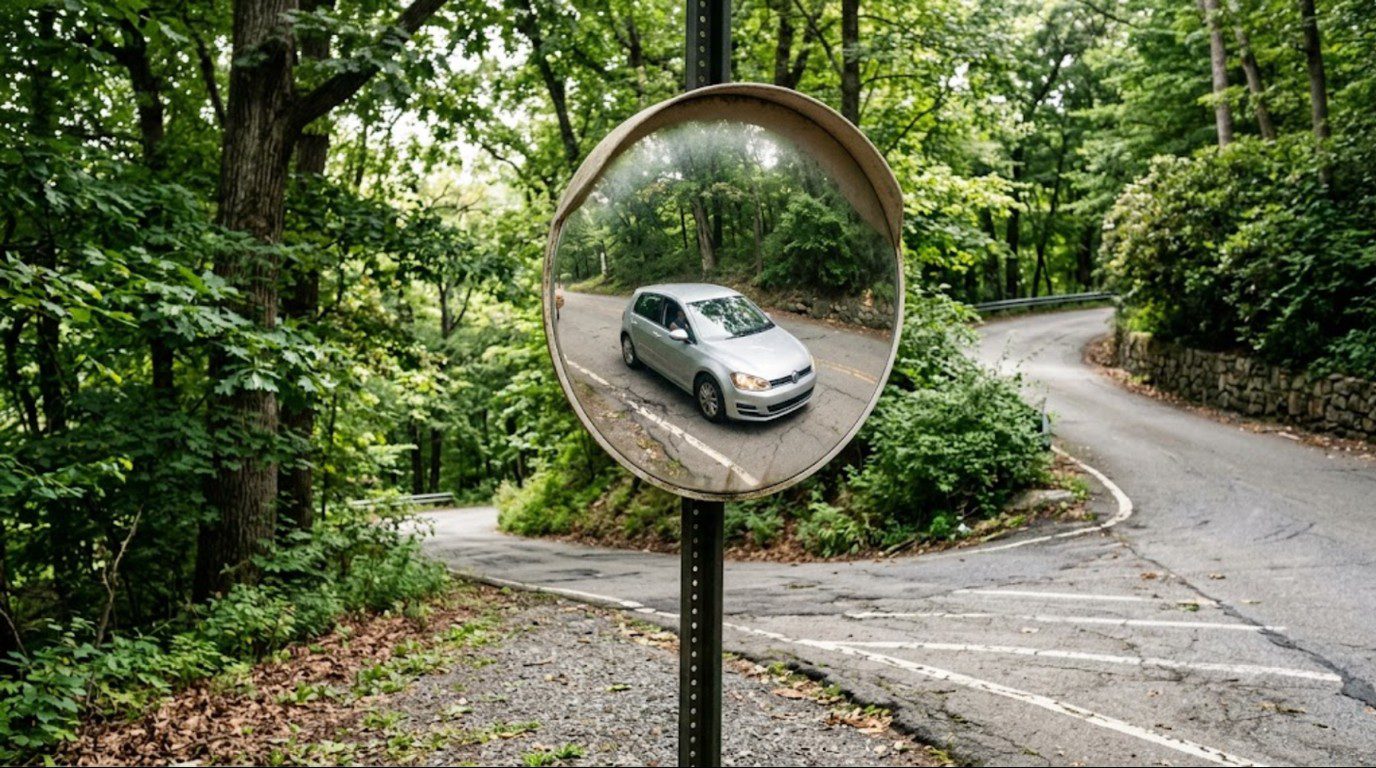 Outdoor acrylic convex mirror mounted on a pole at a parking lot entrance showing clear reflection