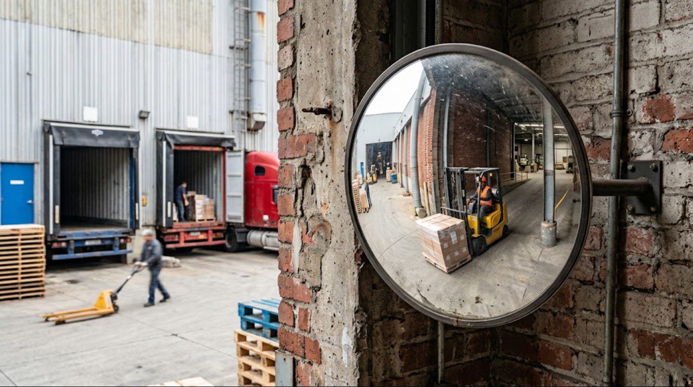 Impact resistant polycarbonate convex mirror mounted on a warehouse loading dock corner