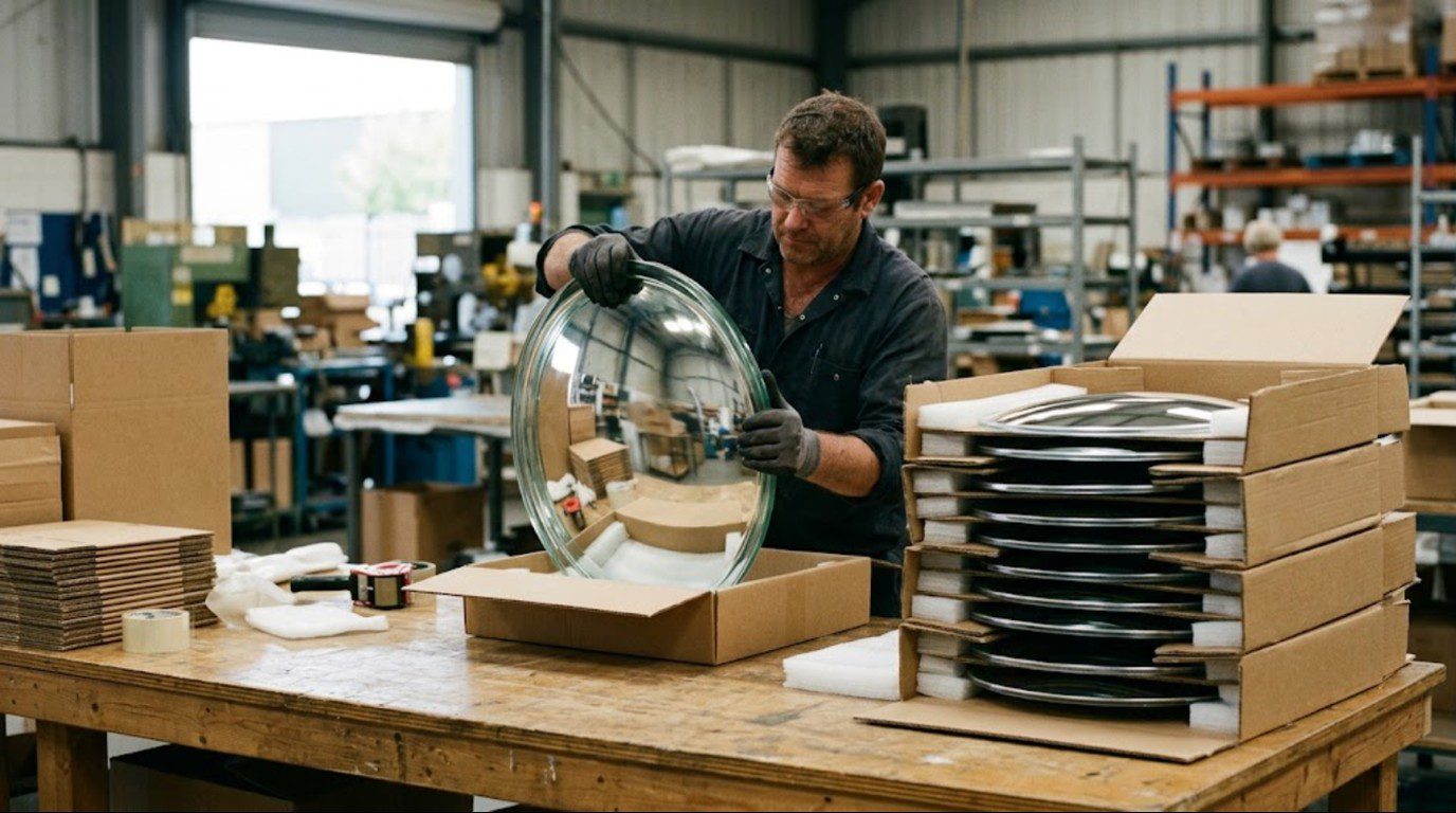 Glass convex mirror compared with plastic lens mirrors showing weight and packaging differences for bulk shipping