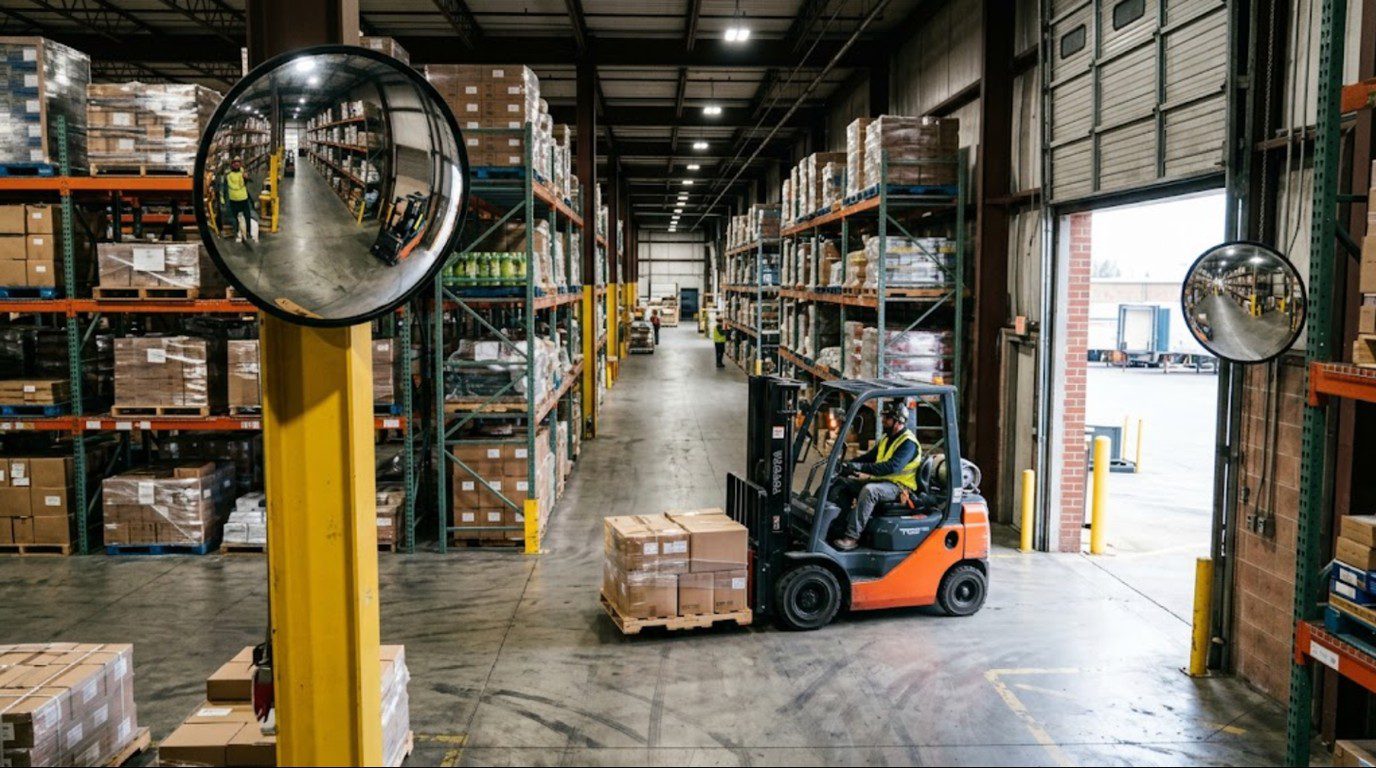 Warehouse forklift aisle with a polycarbonate convex mirror and an outdoor acrylic convex mirror in different locations
