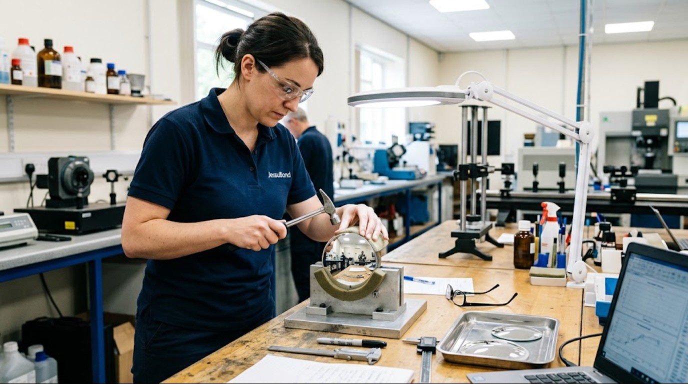 Inspector testing an acrylic vs polycarbonate convex mirror sample for impact and optical clarity before bulk approval