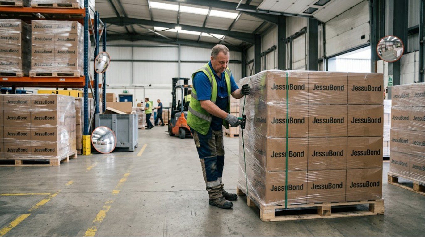 Pallets of boxed convex mirrors with custom OEM packaging prepared for a wholesale shipment