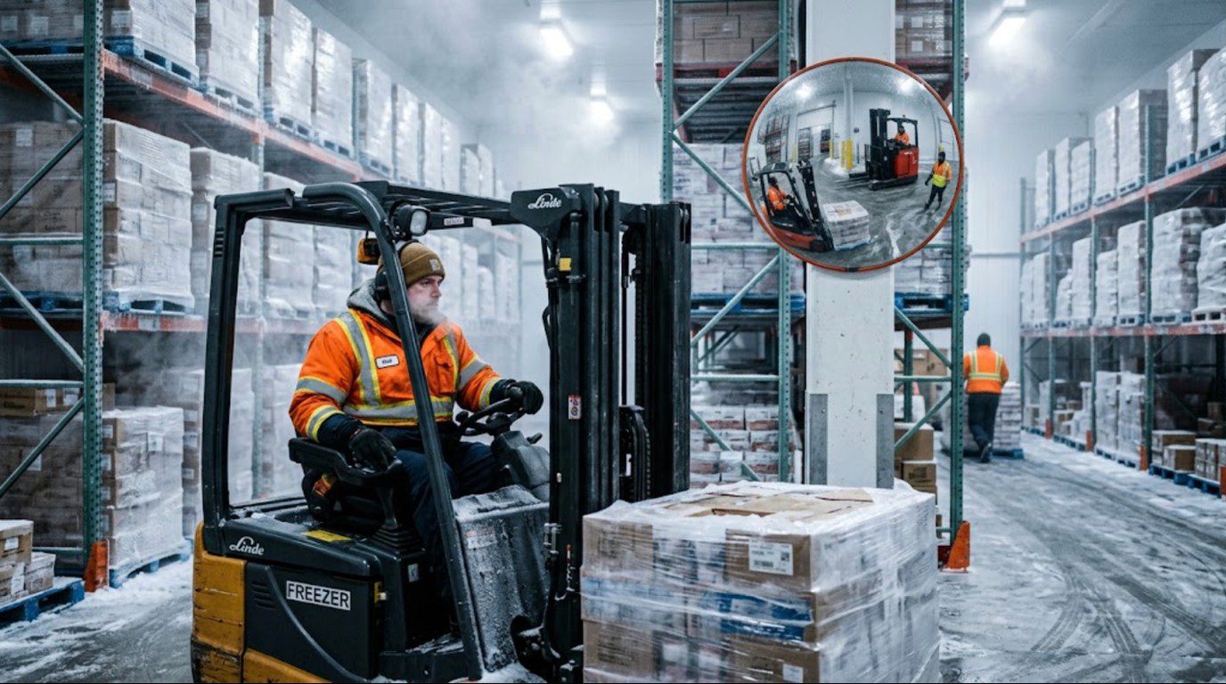 Forklift approaching an aisle intersection in a freezer warehouse where a cold storage safety mirror shows cross traffic