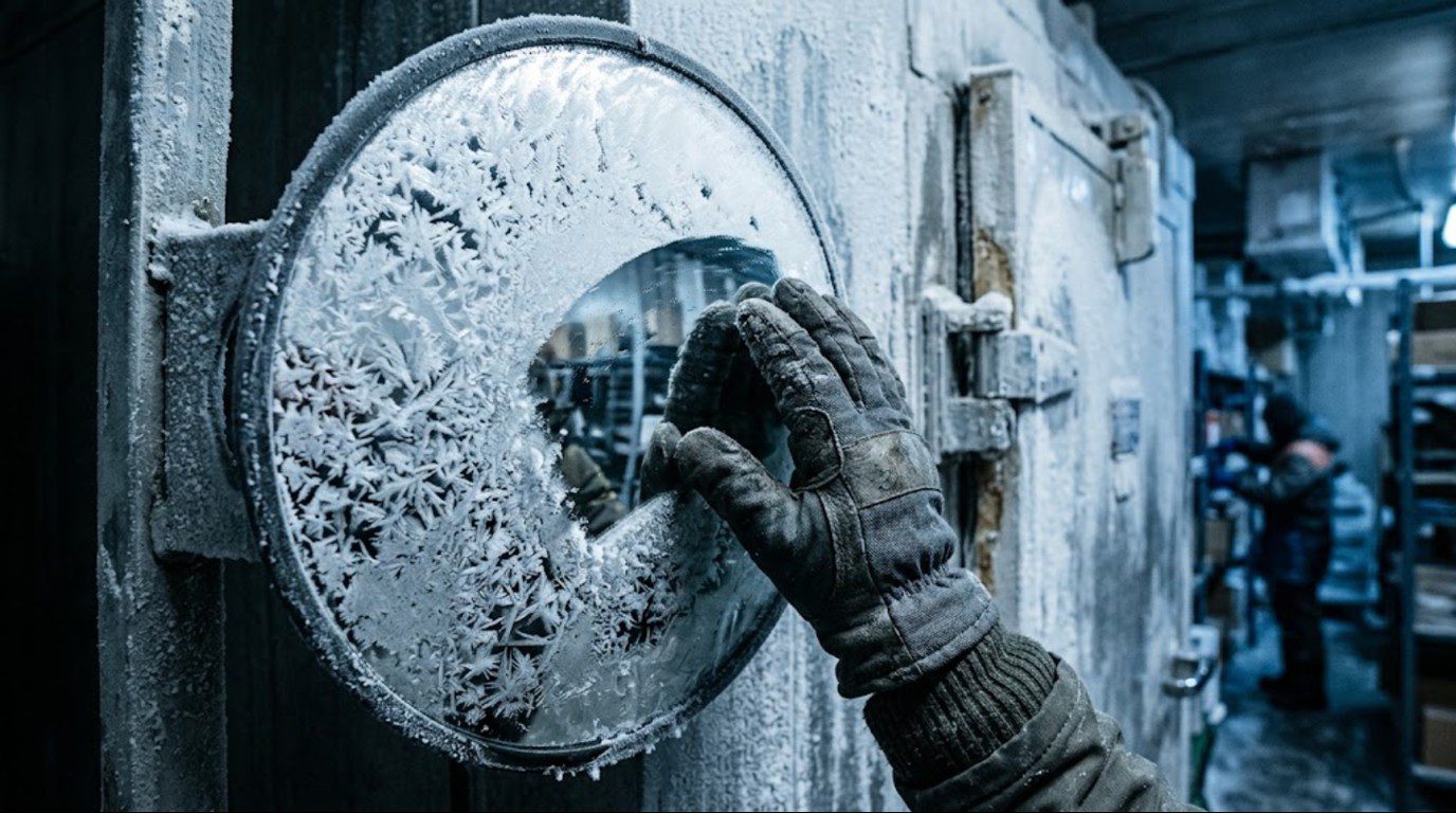 Frost forming on a convex mirror surface near a freezer door where a cold storage safety mirror is installed