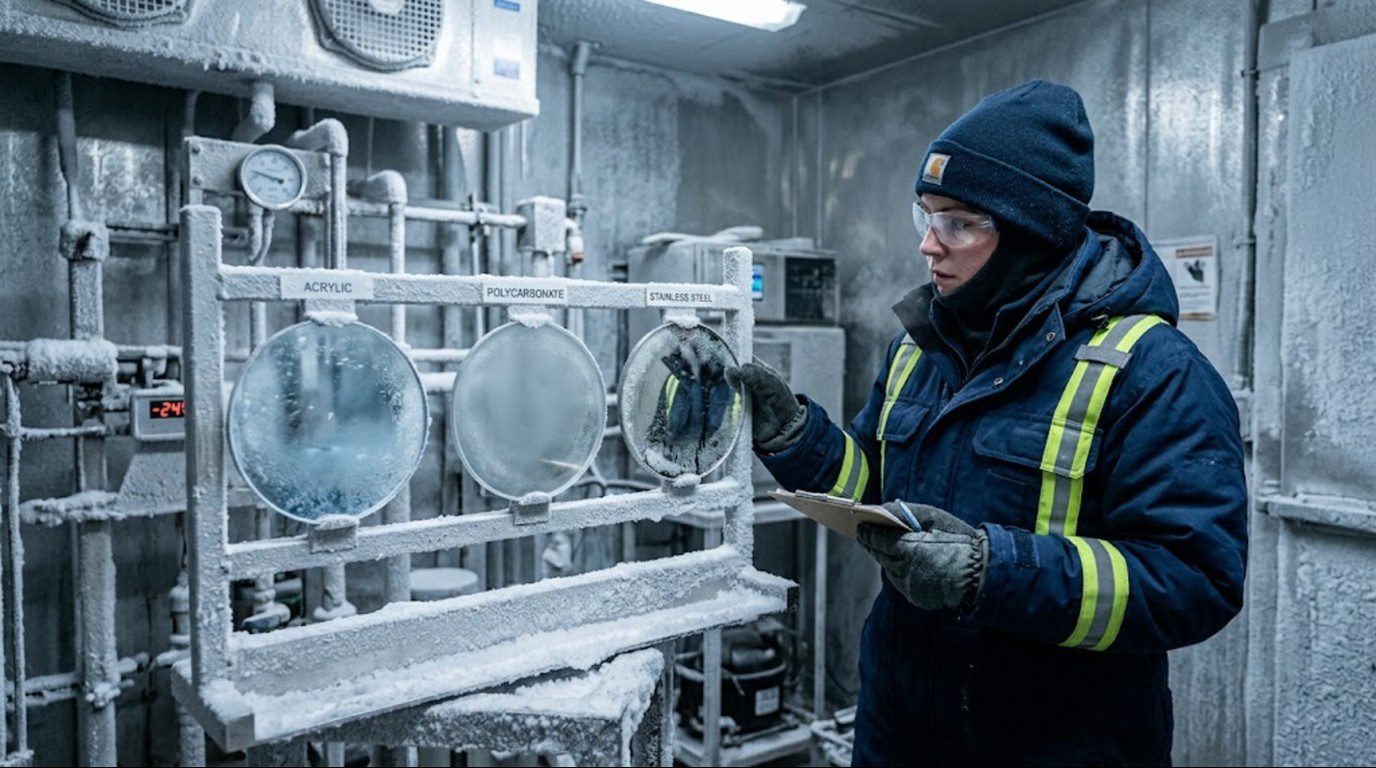 Comparison of acrylic, polycarbonate and stainless steel cold storage safety mirror samples for freezer warehouse use