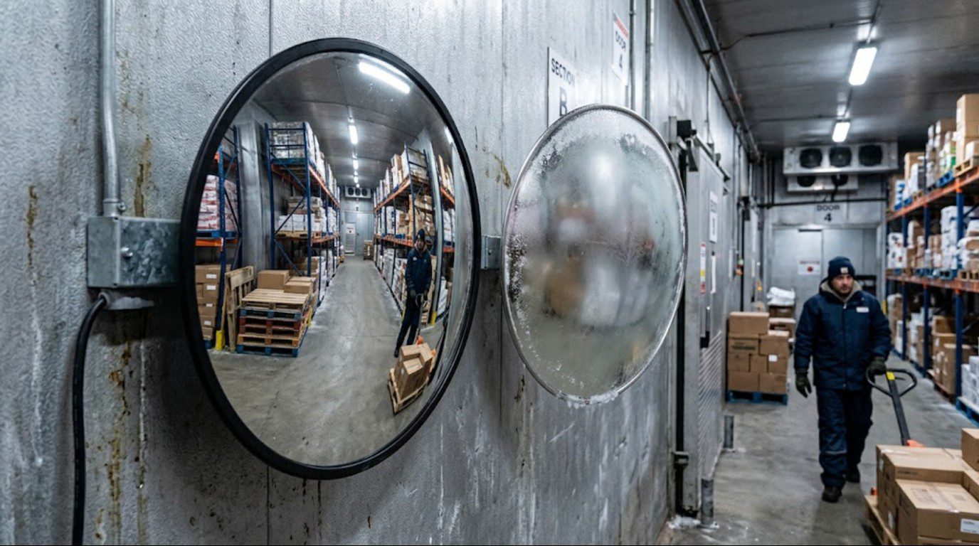 Heated anti-condensation convex mirror and passive stainless steel mirror compared in a cold storage safety mirror trial