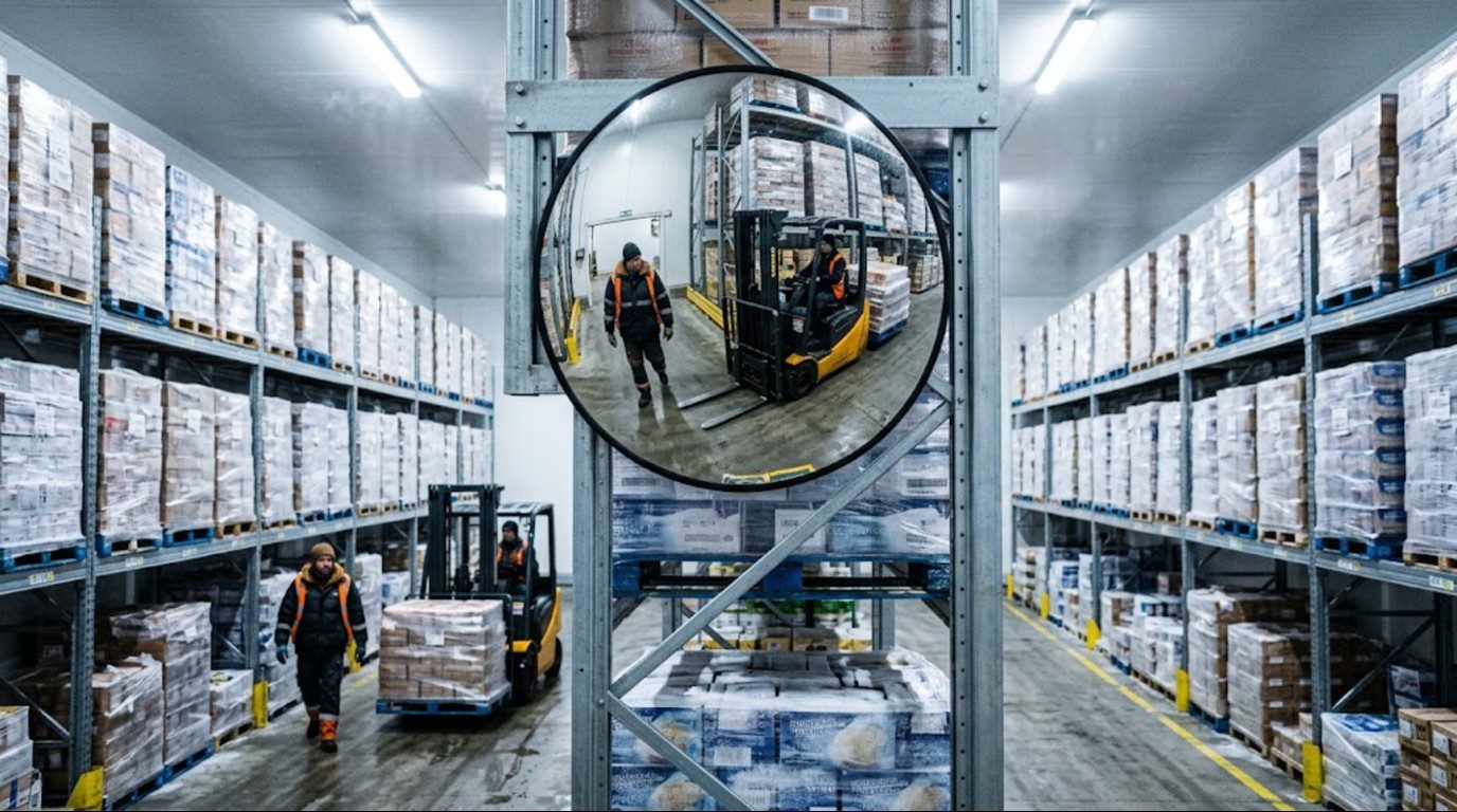 Cold storage safety mirror mounted above racking at a freezer aisle intersection with clear forklift visibility