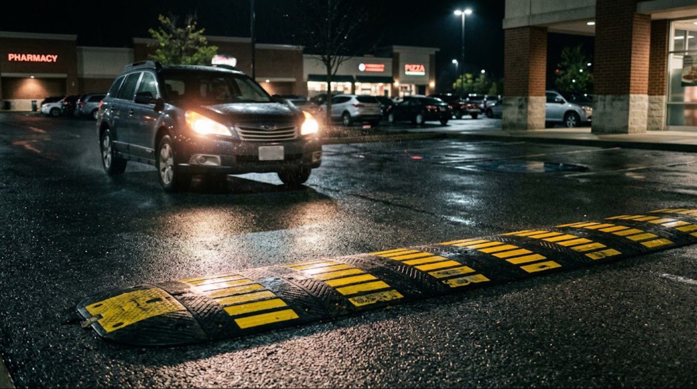 Reflective speed bump with yellow strips visible in vehicle headlights at night in a commercial parking lot