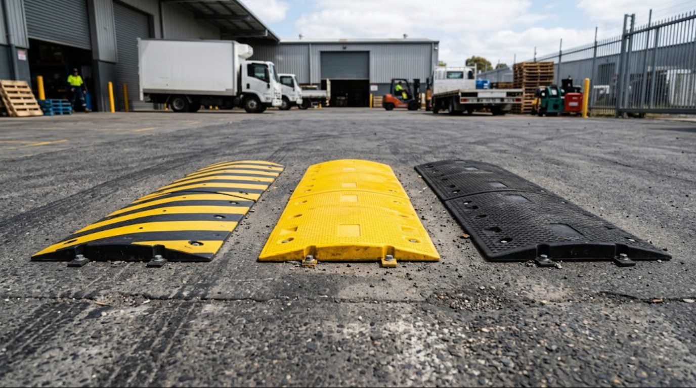 Comparison of black and yellow, all-yellow and black rubber speed bump color options on asphalt and concrete
