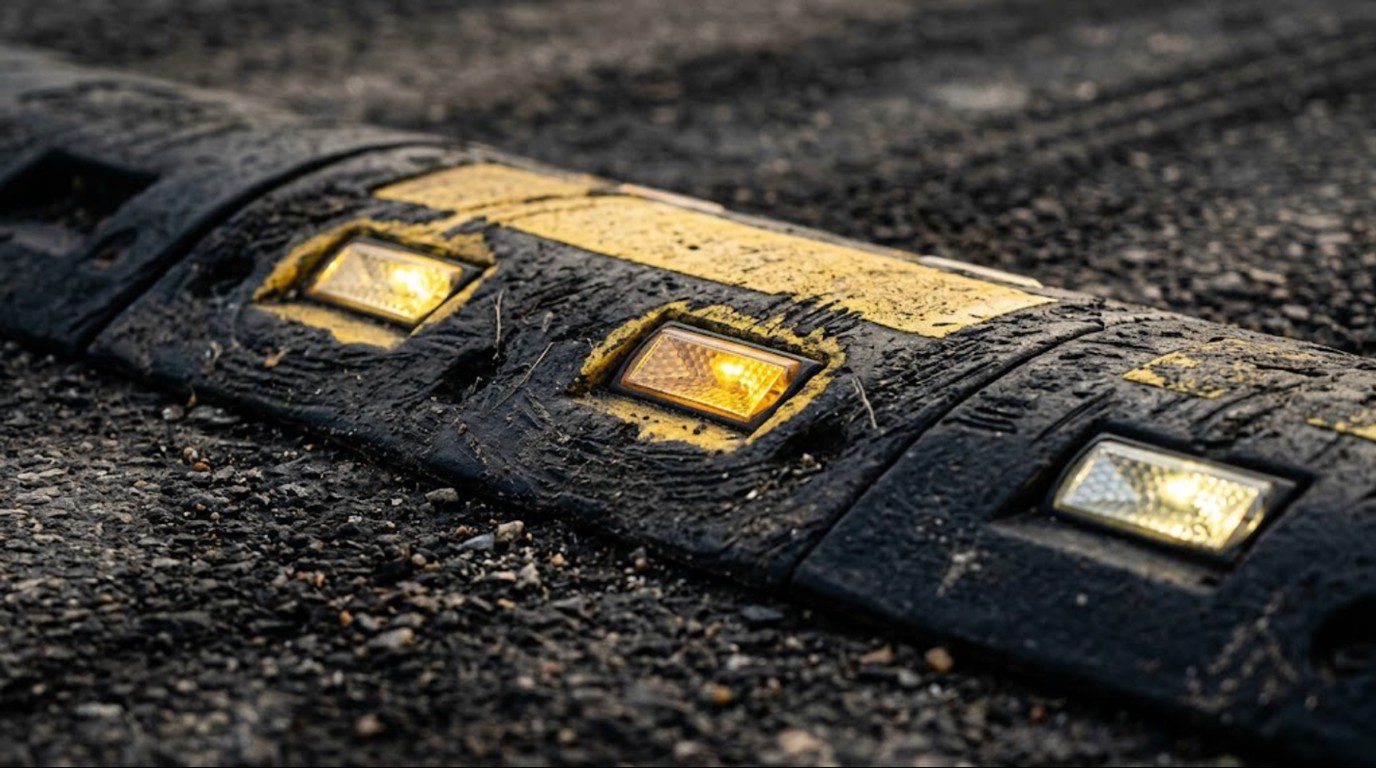 Close view of cat-eye reflectors and reflective tape strips on a rubber reflective speed bump