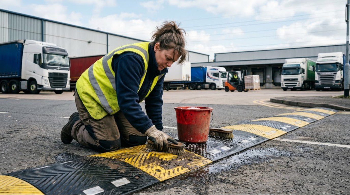 Maintenance worker cleaning a reflective speed bump to restore night visibility at a logistics site